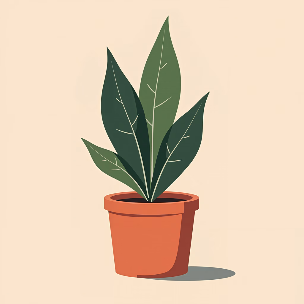 A detailed illustration of a potted plant with vibrant green leaves and a terracotta pot on a beige background.
