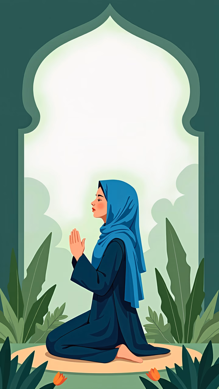 A woman in prayer, serene and reverent, surrounded by nature and soft light.