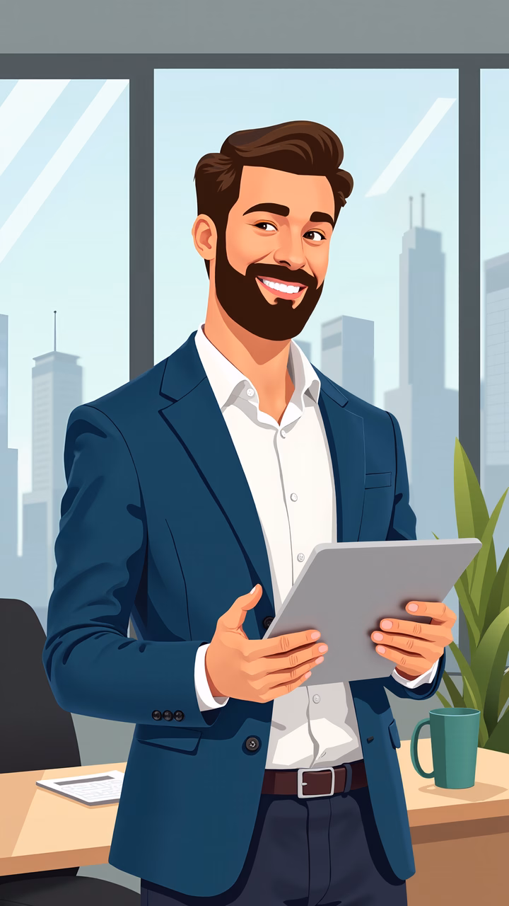 Confident businessman in a modern office setting, holding a tablet, wearing a sharp blue suit.