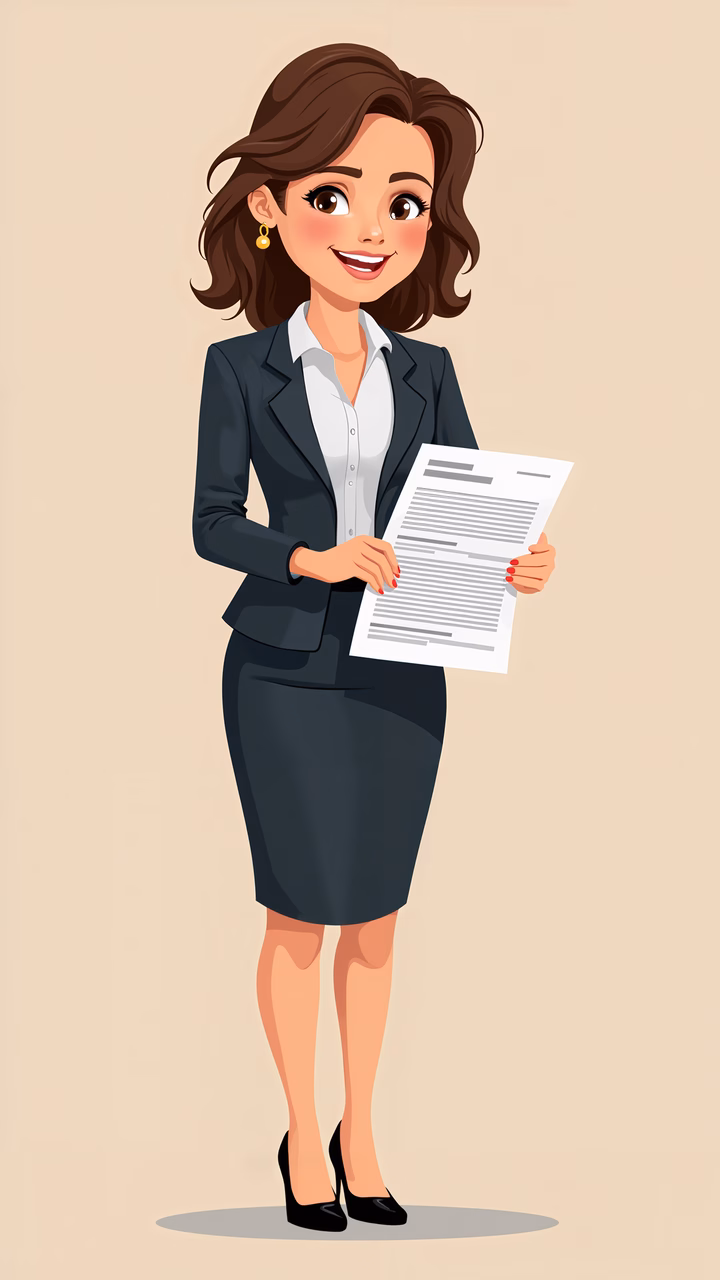 Confidently dressed professional woman holding a document, exuding authority and professionalism.