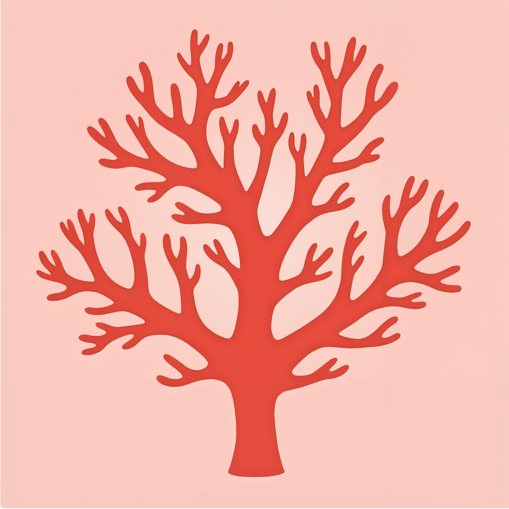 Stylized red tree silhouette on a pink background, evoking serenity.