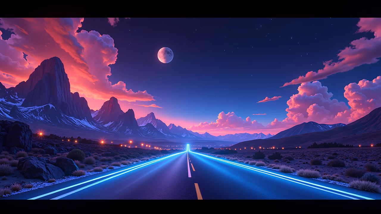 Glowing neon road leading into a dreamy, colorful landscape under a full moon.