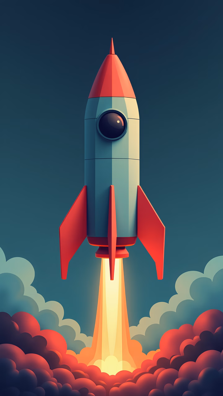 Vibrant rocket launch illustration, bold colors, dynamic energy