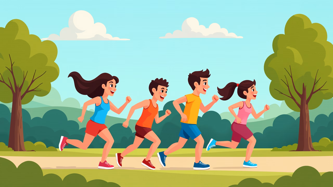 Four friends running together in a lively outdoor setting, promoting teamwork and fitness.