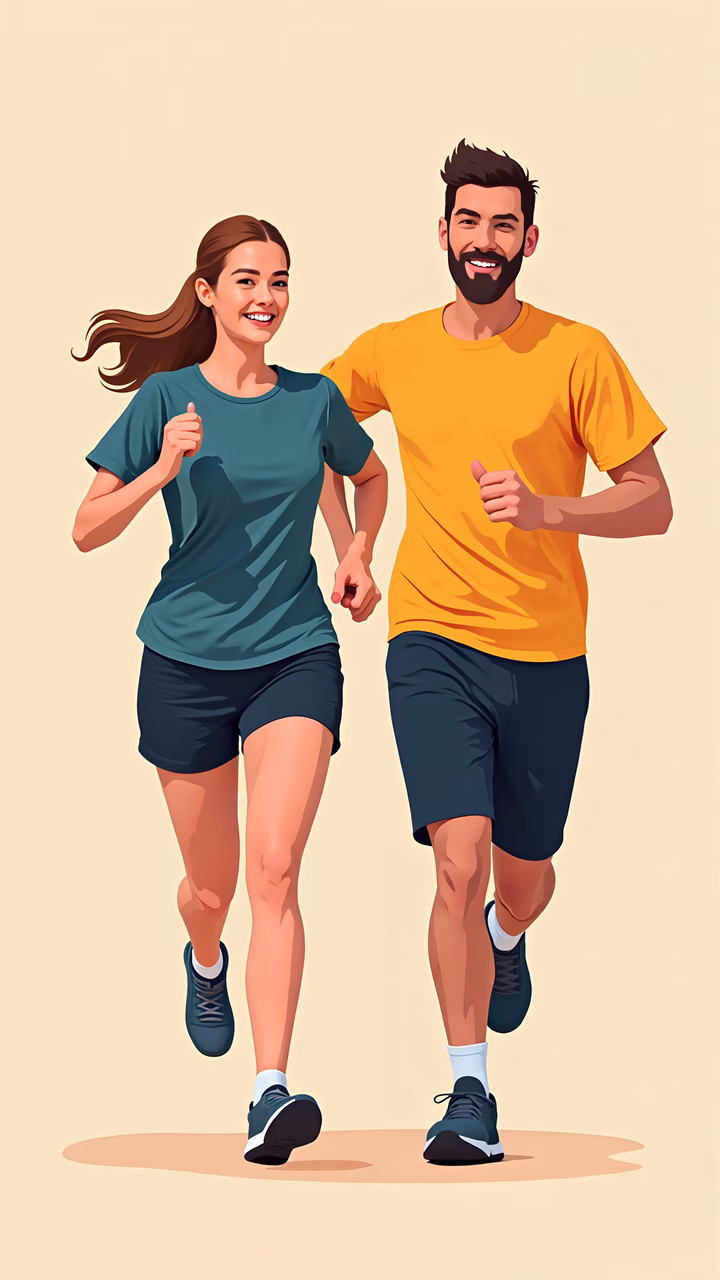 Two energetic runners in a joyful fitness scene.