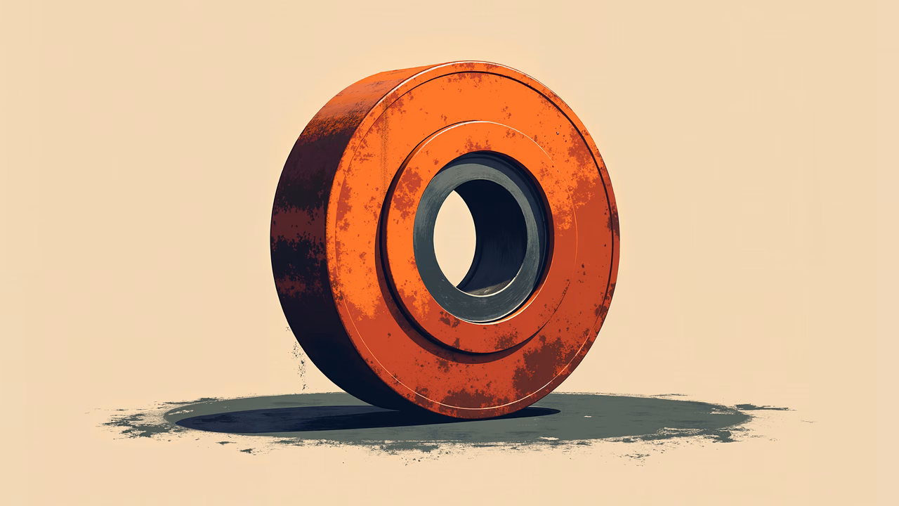 A detailed, rusted wheel illustration with vibrant orange hues and muted beige background.