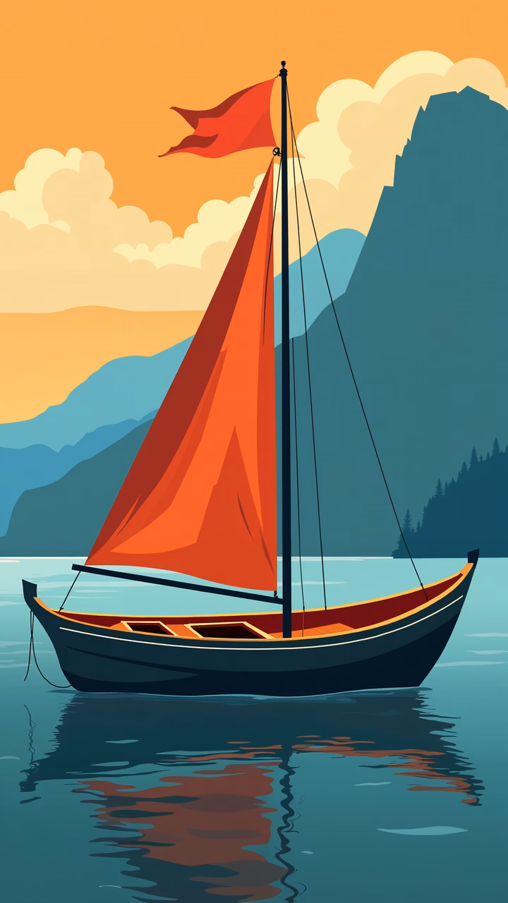 A peaceful sailboat on tranquil waters under a vibrant sunset sky.