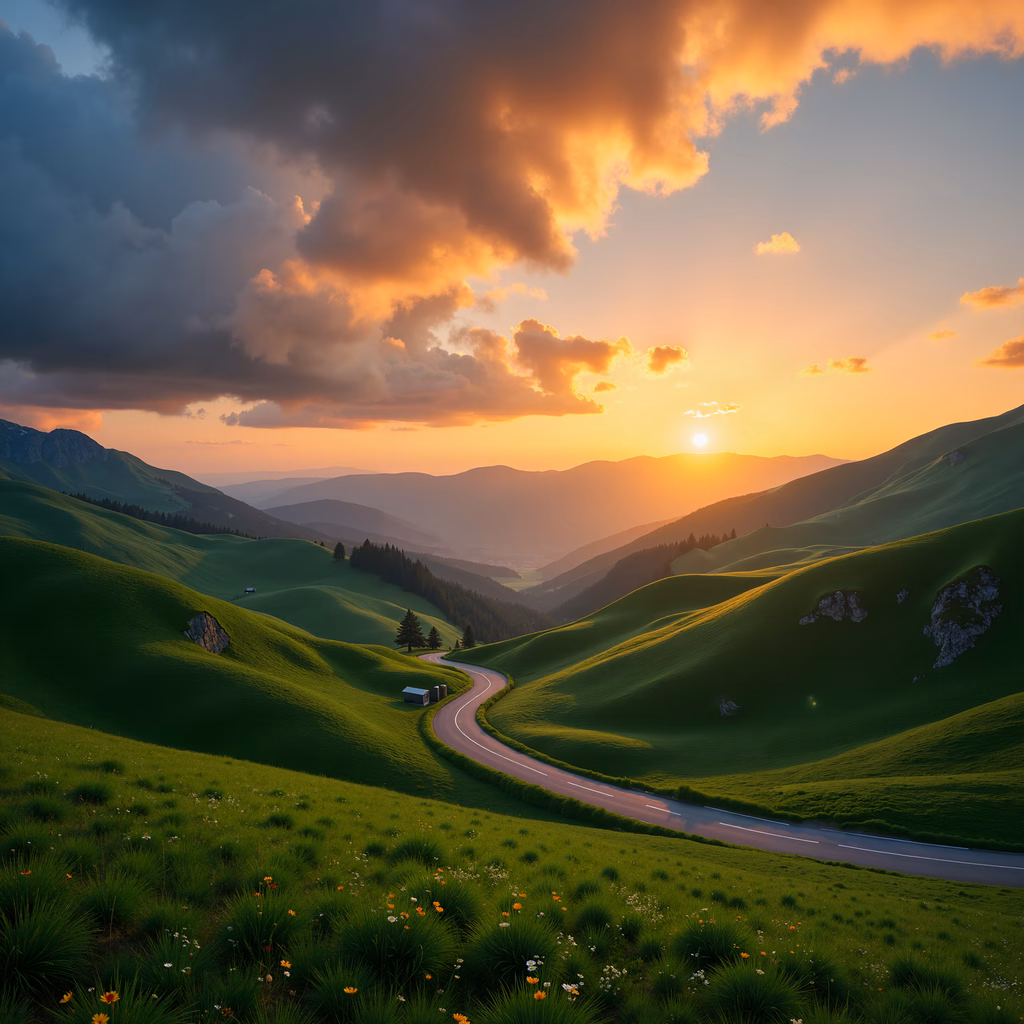 A winding road amidst rolling hills under a stunning sunset.