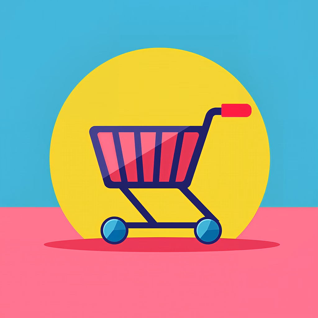 Brightly colored shopping cart illustration promoting retail themes.