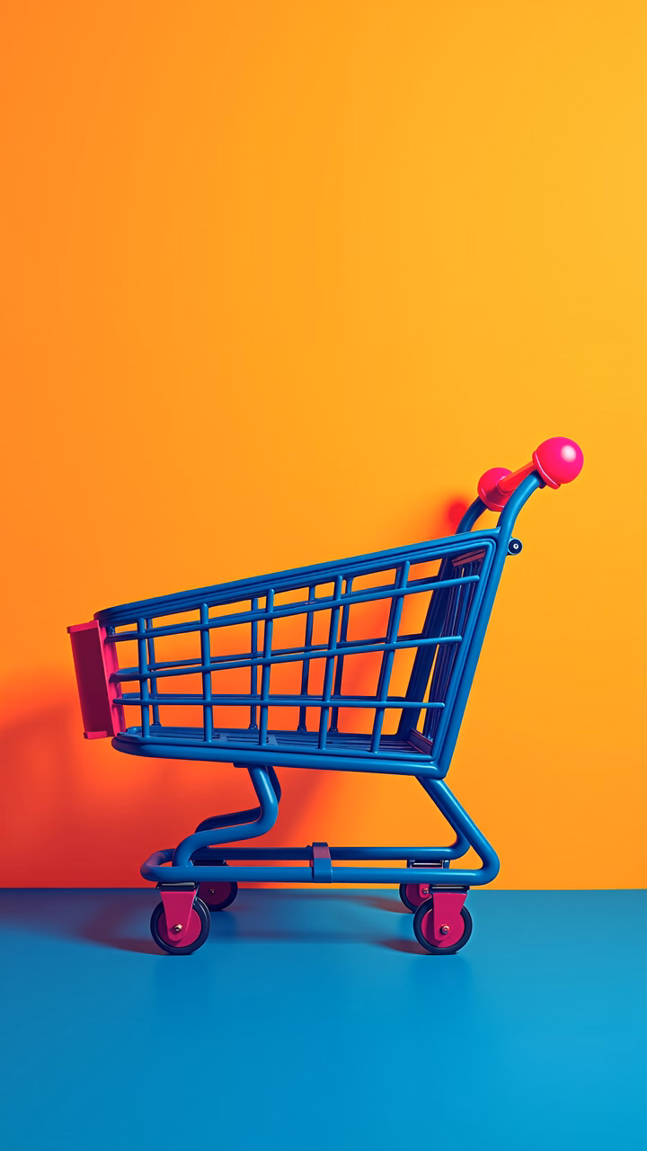 Bold shopping cart against colorful gradient backdrop