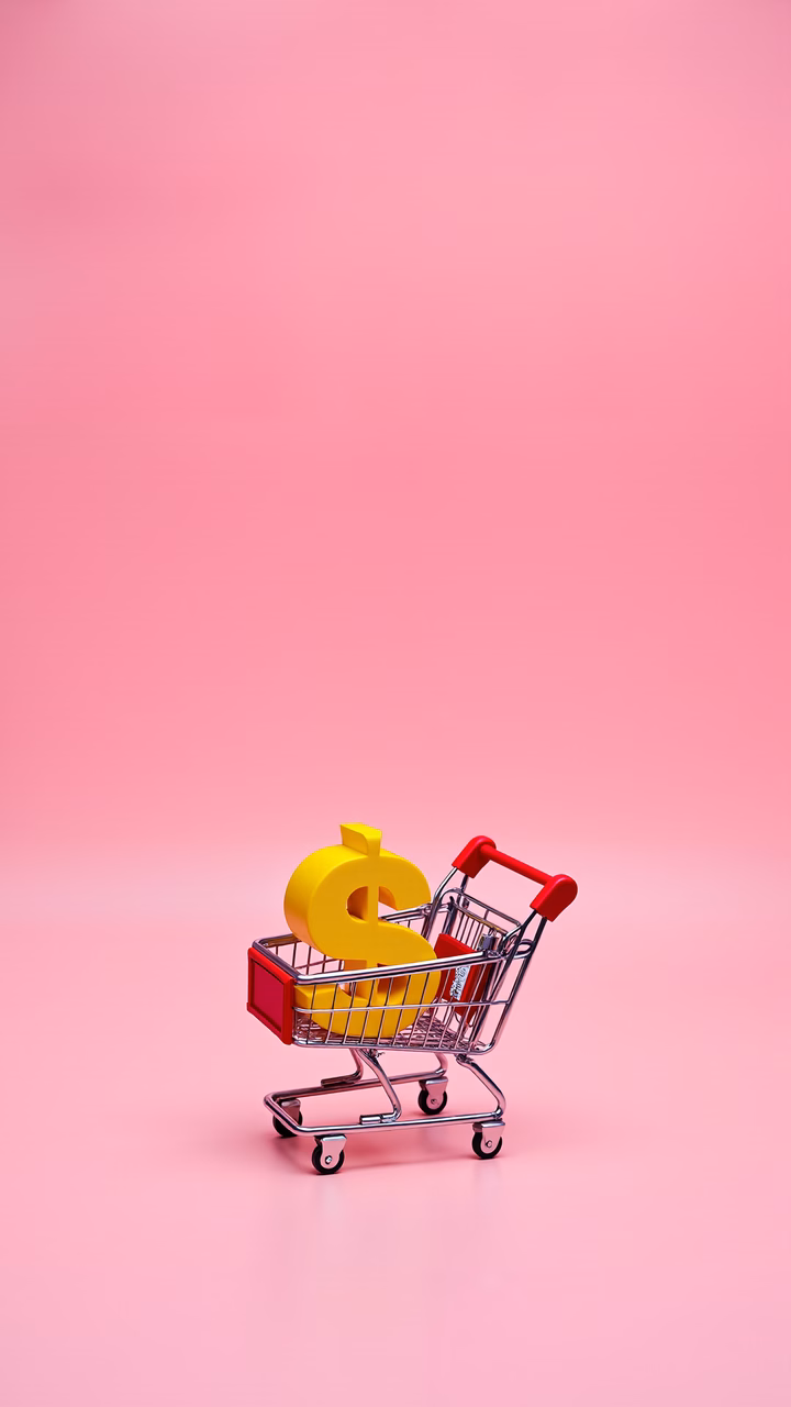 Minimalistic shopping cart with dollar sign against pink backdrop, symbolizing commerce and finance.