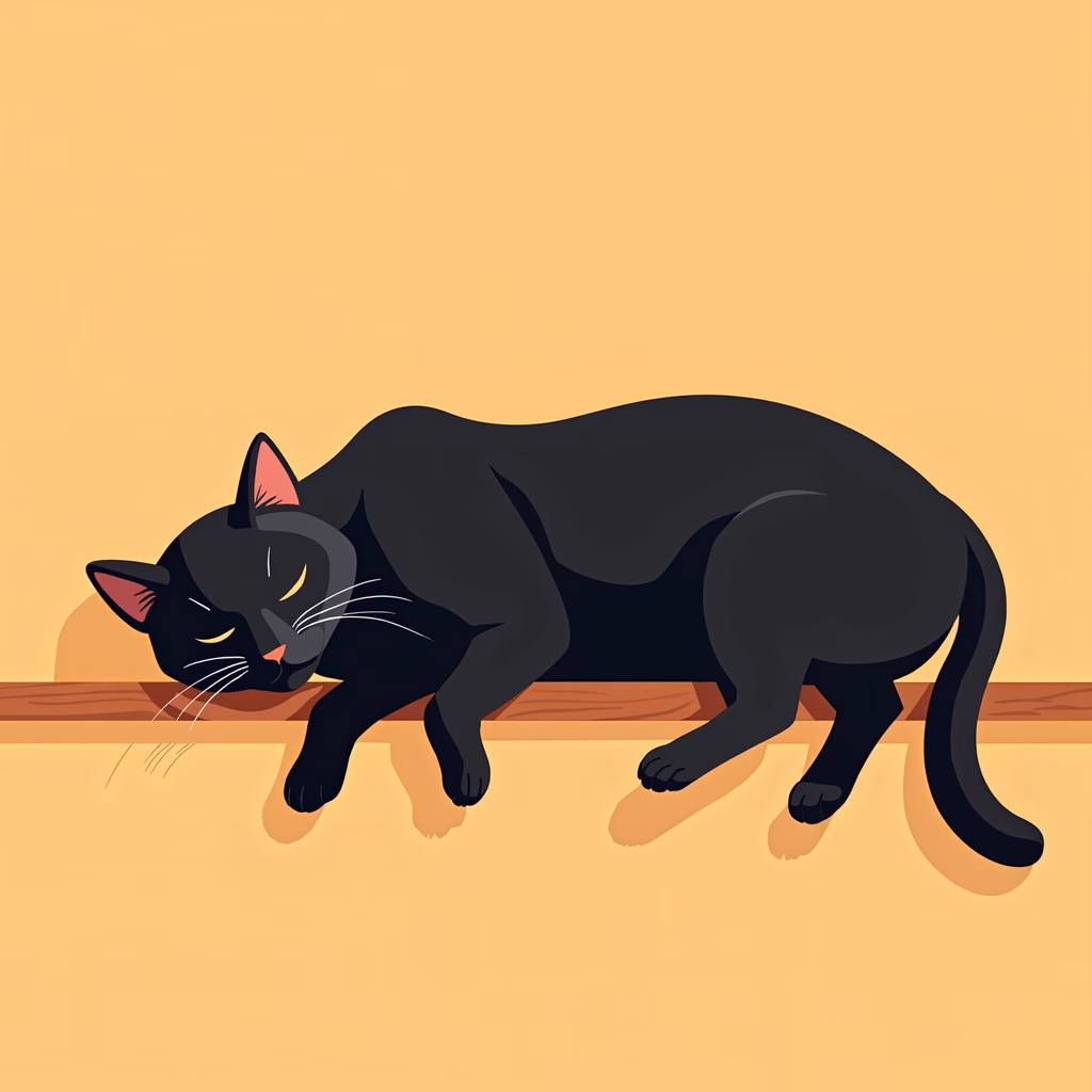A peaceful black cat sleeping on a wooden surface, surrounded by warm beige tones.