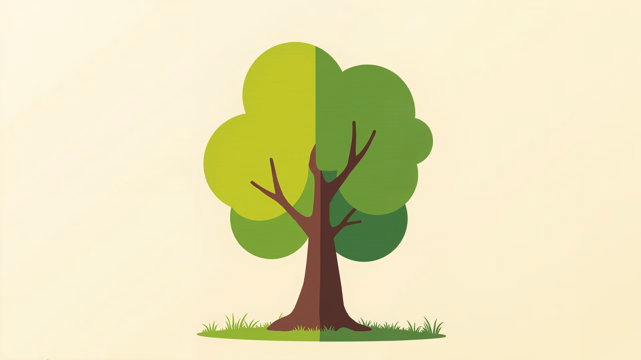 Minimalist split tree illustration with contrasting green shades and a serene atmosphere.