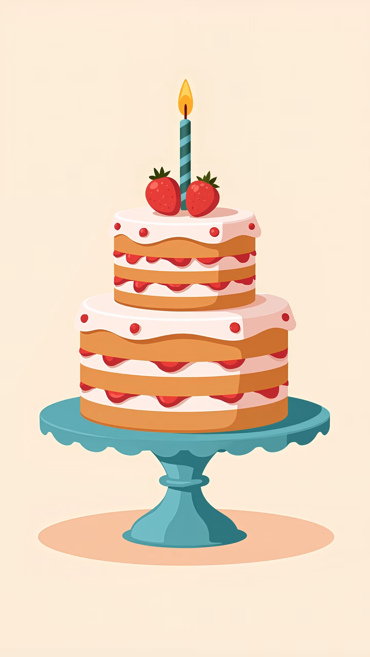 A festive strawberry cake with a lit candle, celebrating joy and celebration.