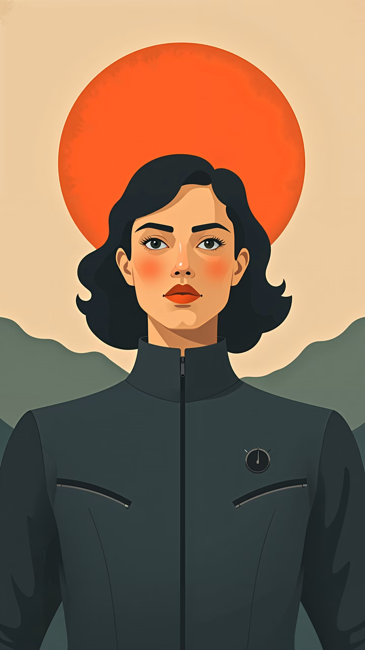 A modern portrait illustration with a striking sun backdrop and sleek attire.