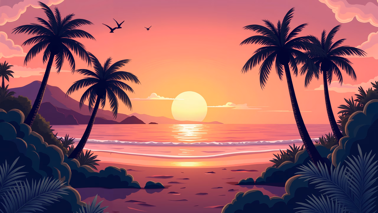 A tranquil sunset beach scene with palm trees and a glowing horizon.