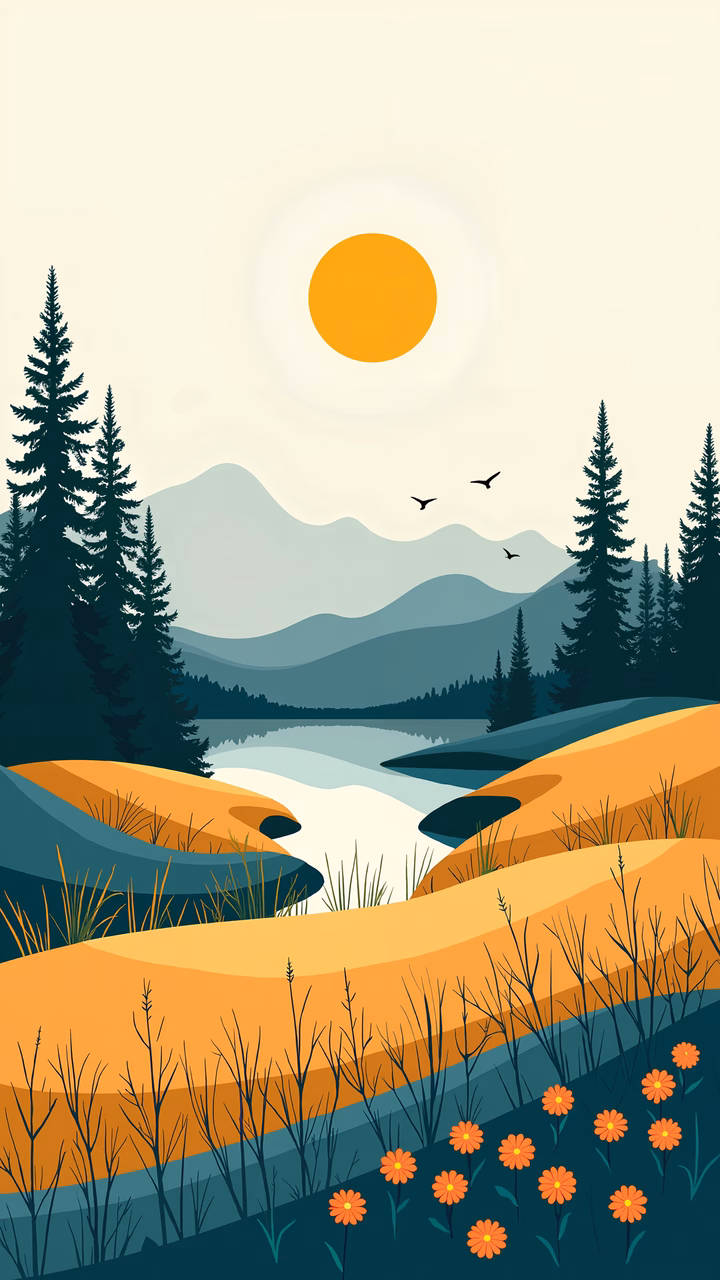 A peaceful sunset landscape with vibrant colors and serene scenery.