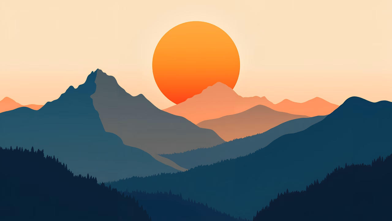 Minimalist sunset illustration featuring mountains and a glowing sun.