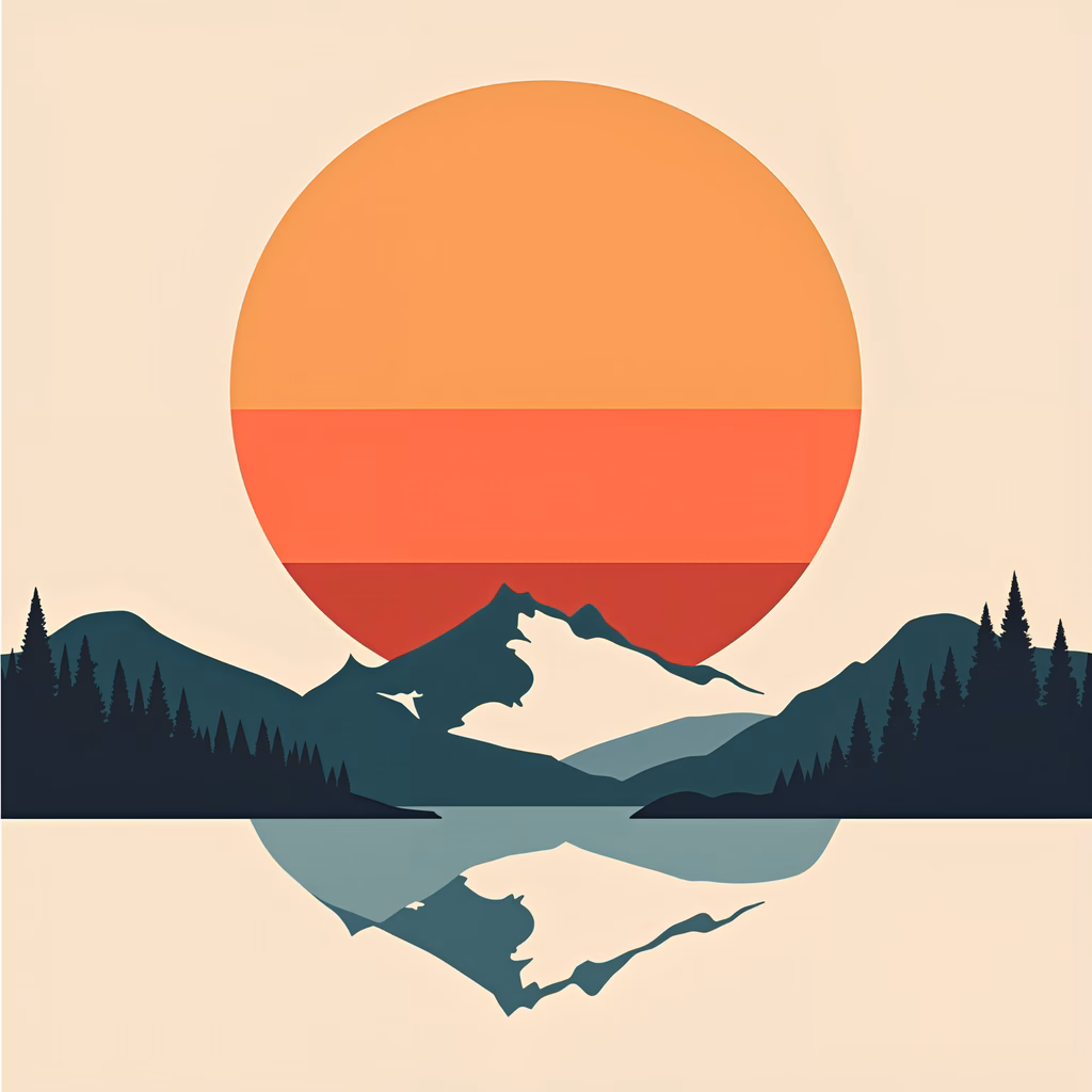 A tranquil sunset scene reflected in calm waters, featuring layered mountains and silhouetted trees.