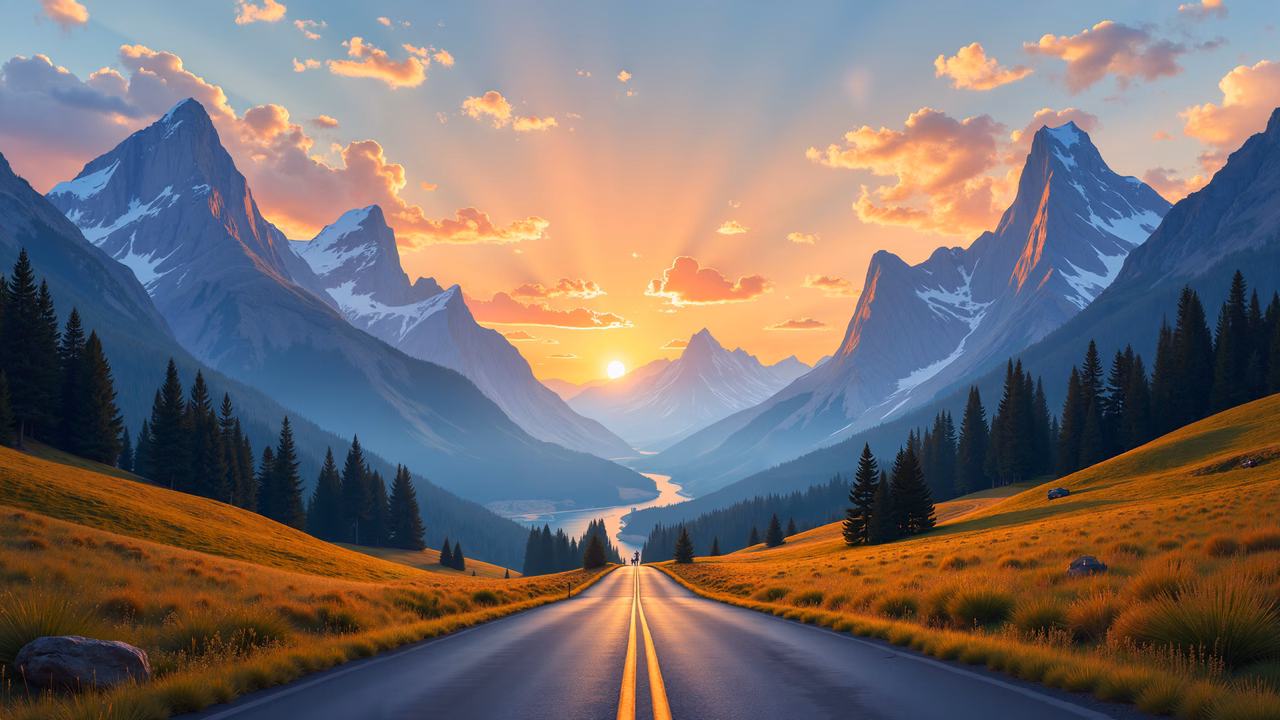 A tranquil sunset scene along a winding road, surrounded by majestic mountains and lush greenery.
