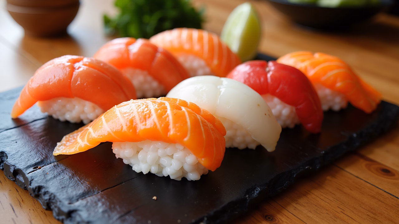 Vibrant sushi platter with salmon and lime on a slate board.