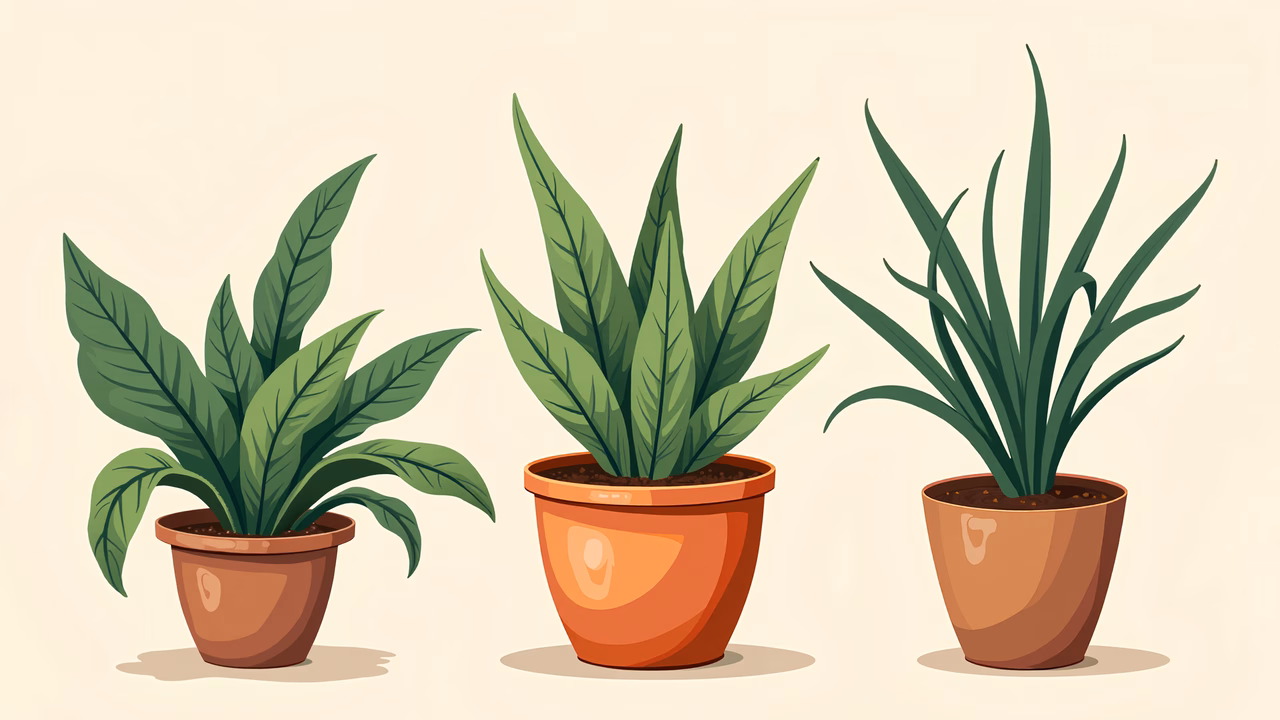 Three potted plants with detailed green leaves in terracotta pots on a beige background.