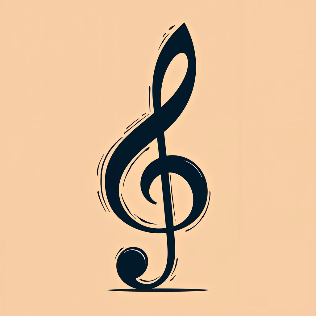 Stylized treble clef illustration with elegant black lines on beige background.
