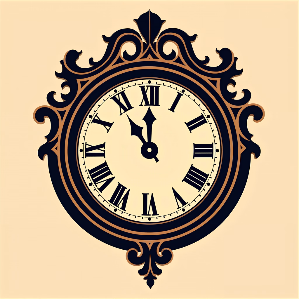 Vintage clock with Roman numerals on a beige background, evoking nostalgia and elegance.