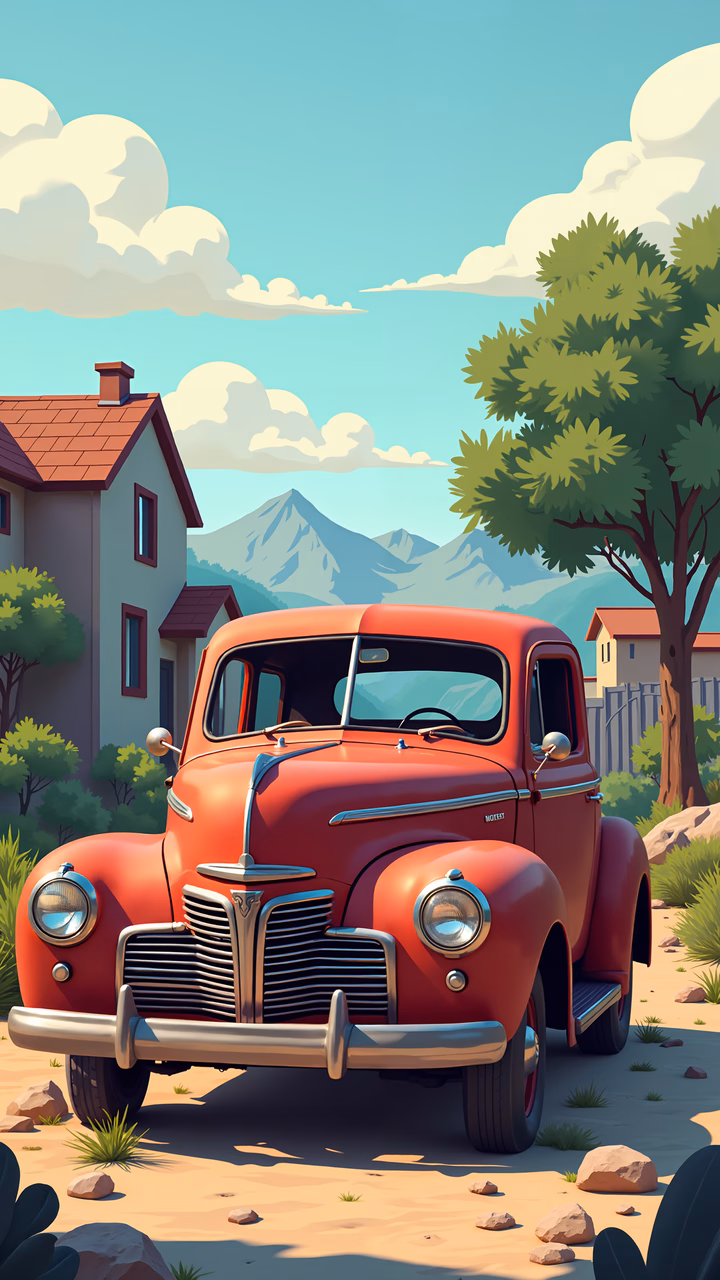 Classic red pickup truck in a serene suburban setting, bathed in warm sunlight.