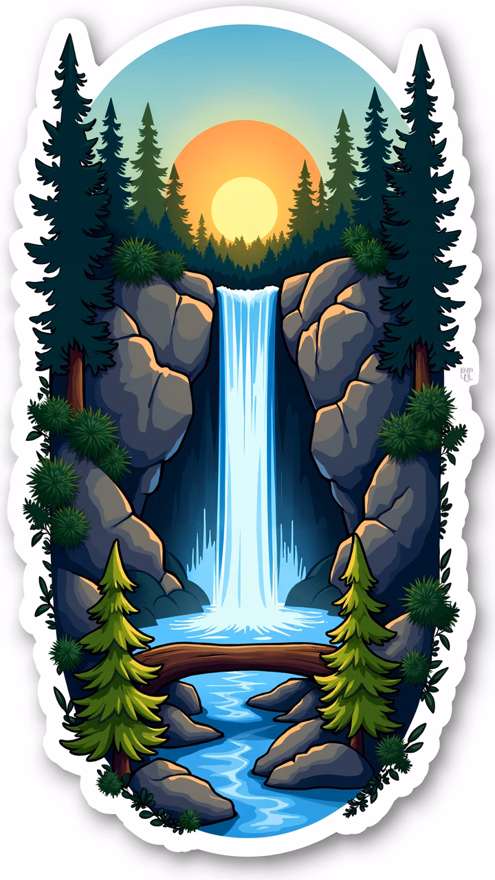 A tranquil waterfall surrounded by evergreen trees under a sunset sky.