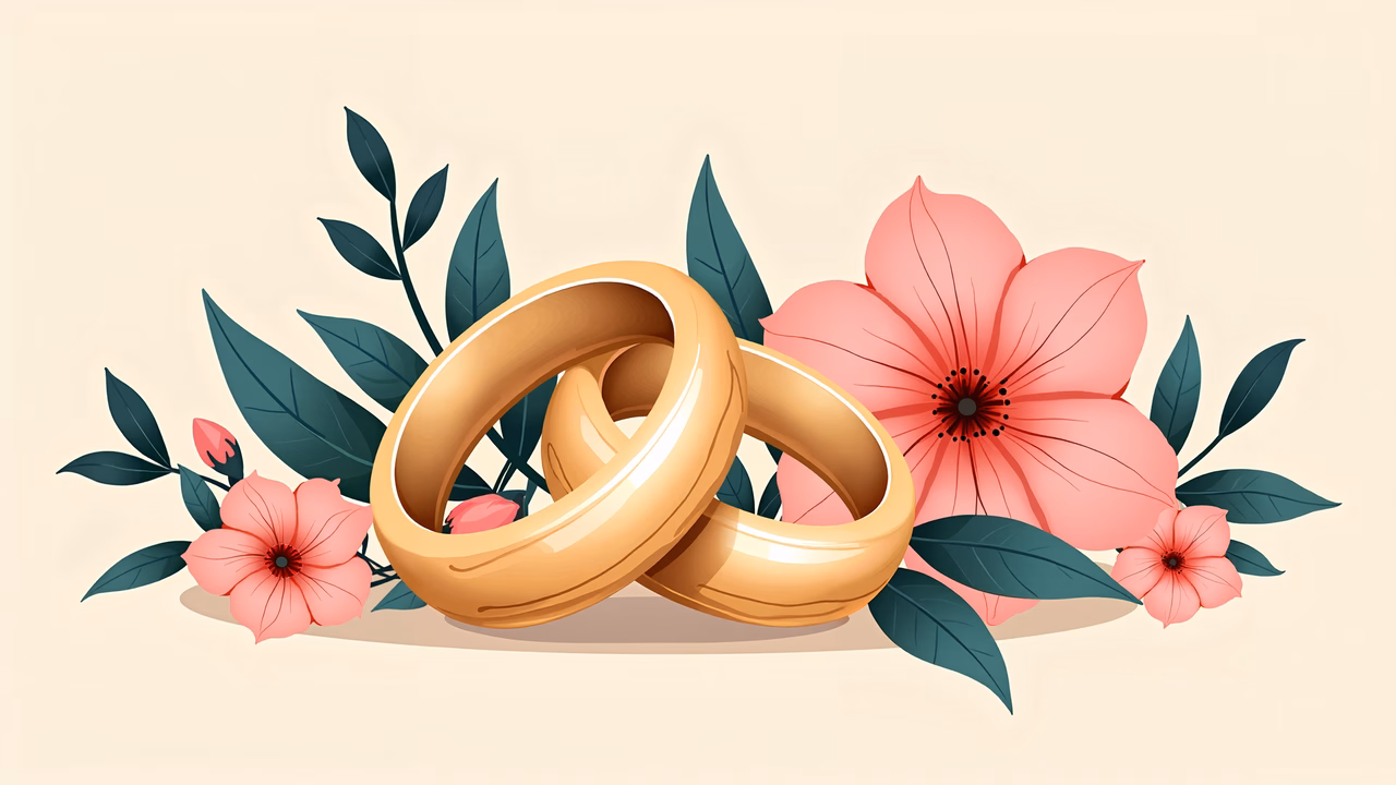 Romantic wedding rings and blossoms in soft pastels.