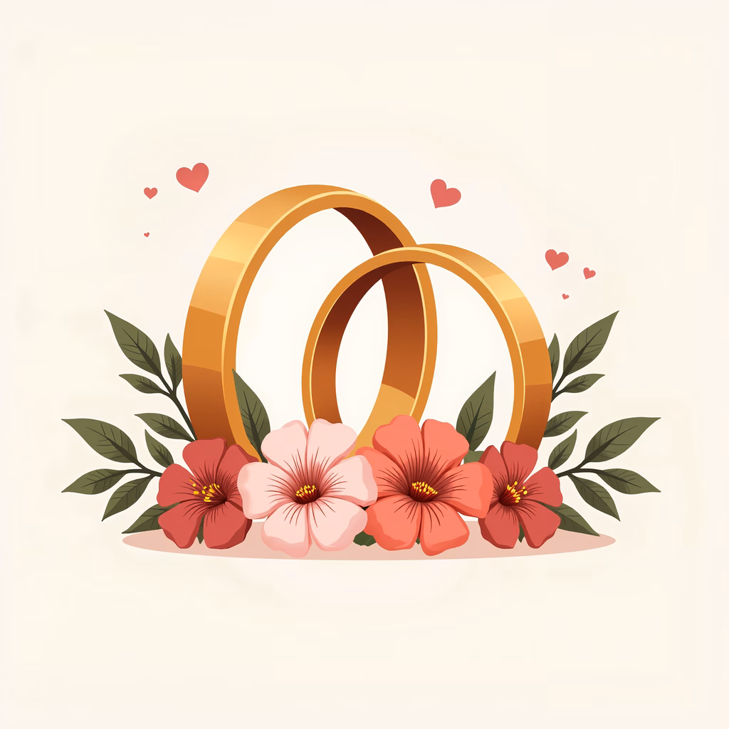 Golden wedding rings surrounded by pink flowers on a beige background.