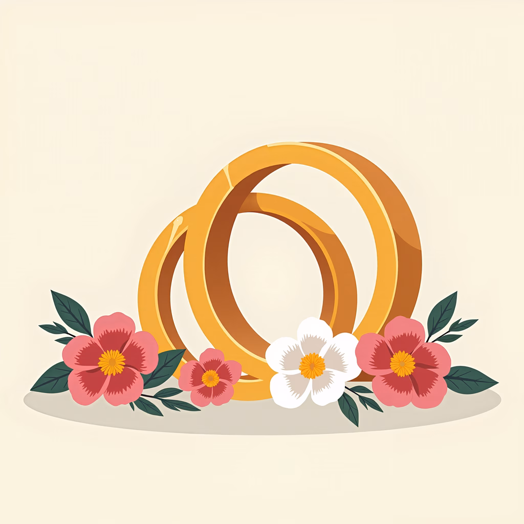 Two golden wedding rings surrounded by colorful flowers, symbolizing love and celebration.