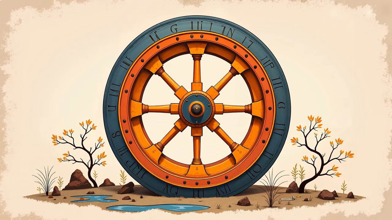A detailed illustration of a Roman numeral wheel in a tranquil autumn setting.