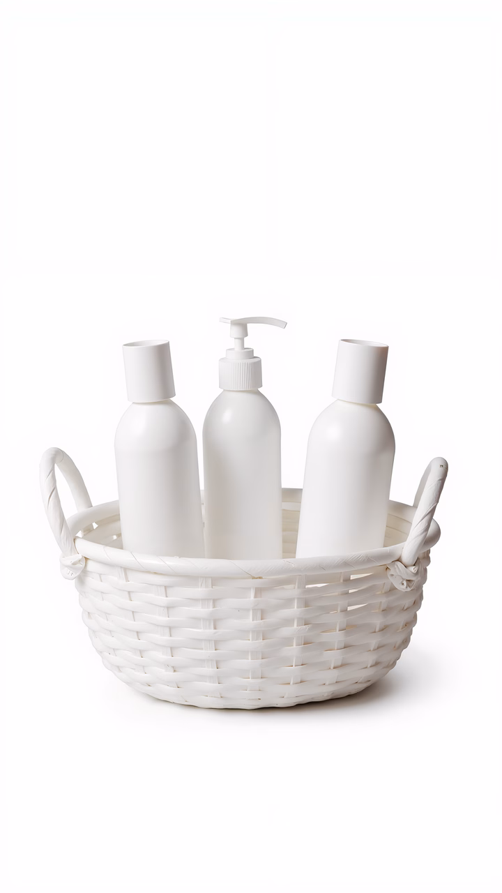 Minimalist white bottles in a woven basket against a clean background.