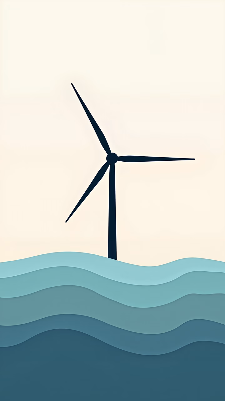 Minimalist wind turbine illustration with serene waves and pastel sky.