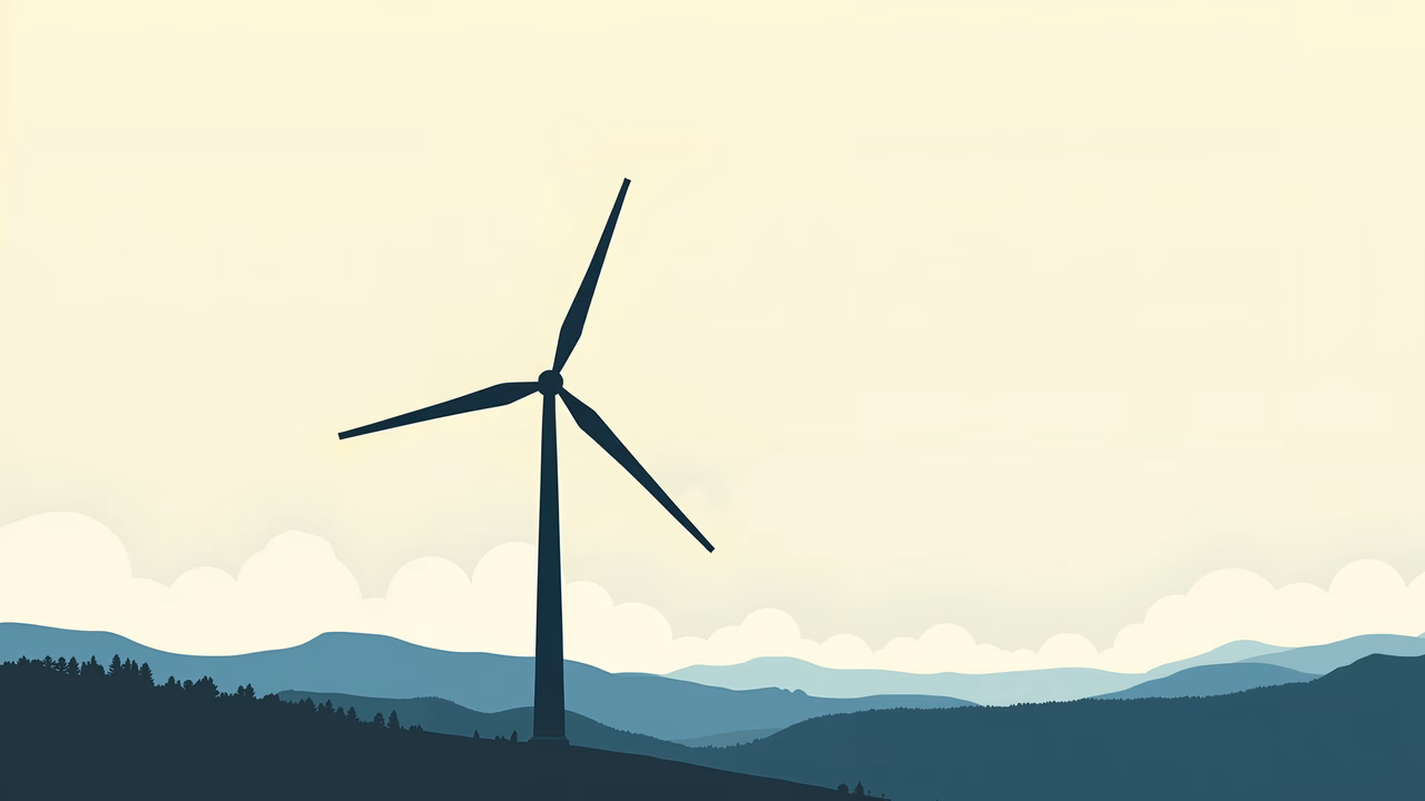 Minimalist wind turbine silhouette in a serene landscape.