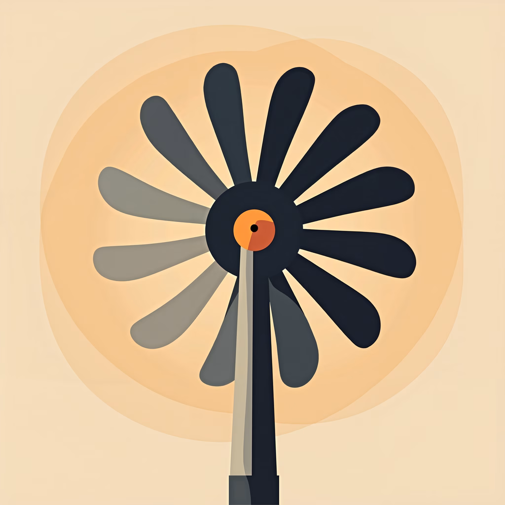 Minimalist windmill illustration with cool tones and warm accents.