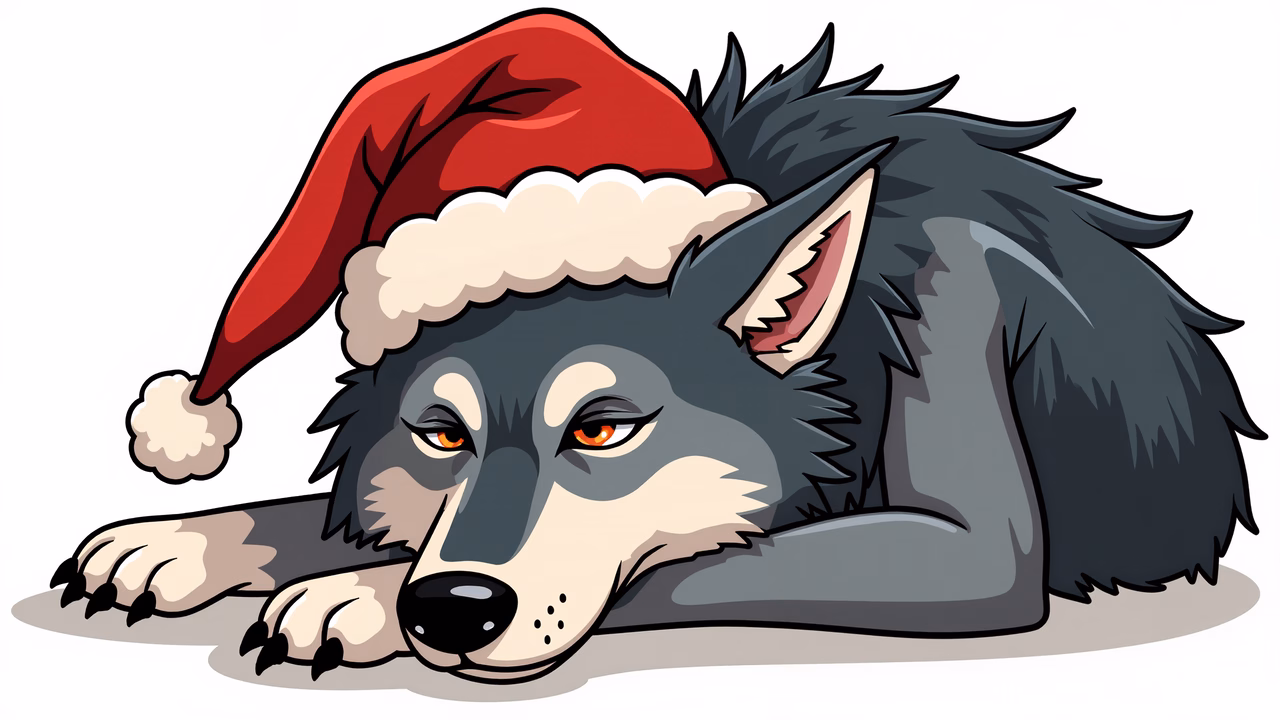 A wolf in a Santa hat, blending holiday cheer with a subtle melancholy.