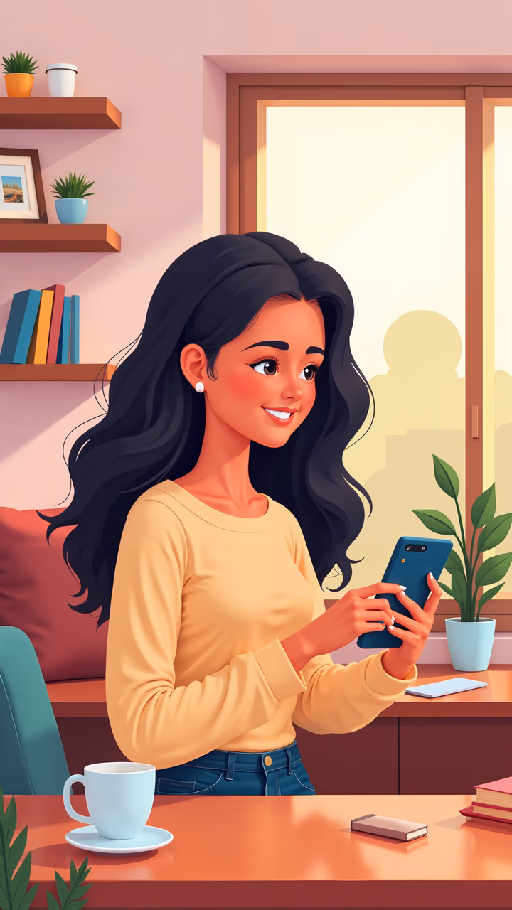 A cheerful woman using her phone in a stylish indoor setting.