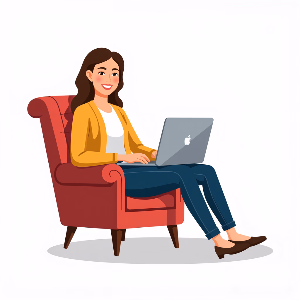 A relaxed woman working on her laptop in a cozy armchair.