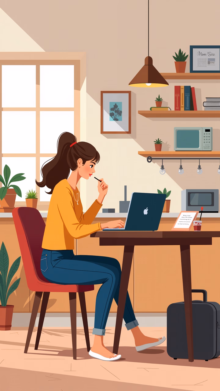 Woman working at home, surrounded by plants and books, creating a cozy and productive atmosphere.