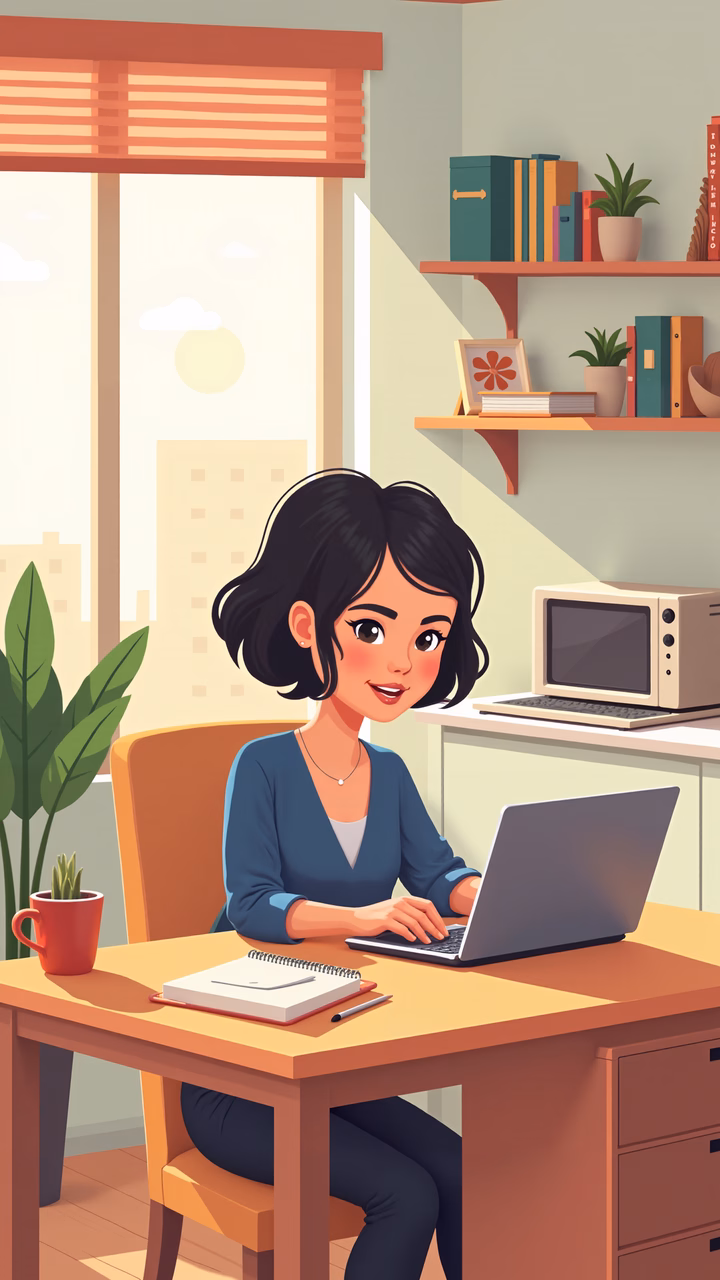 A woman working in a cozy home office under a sunny sky.