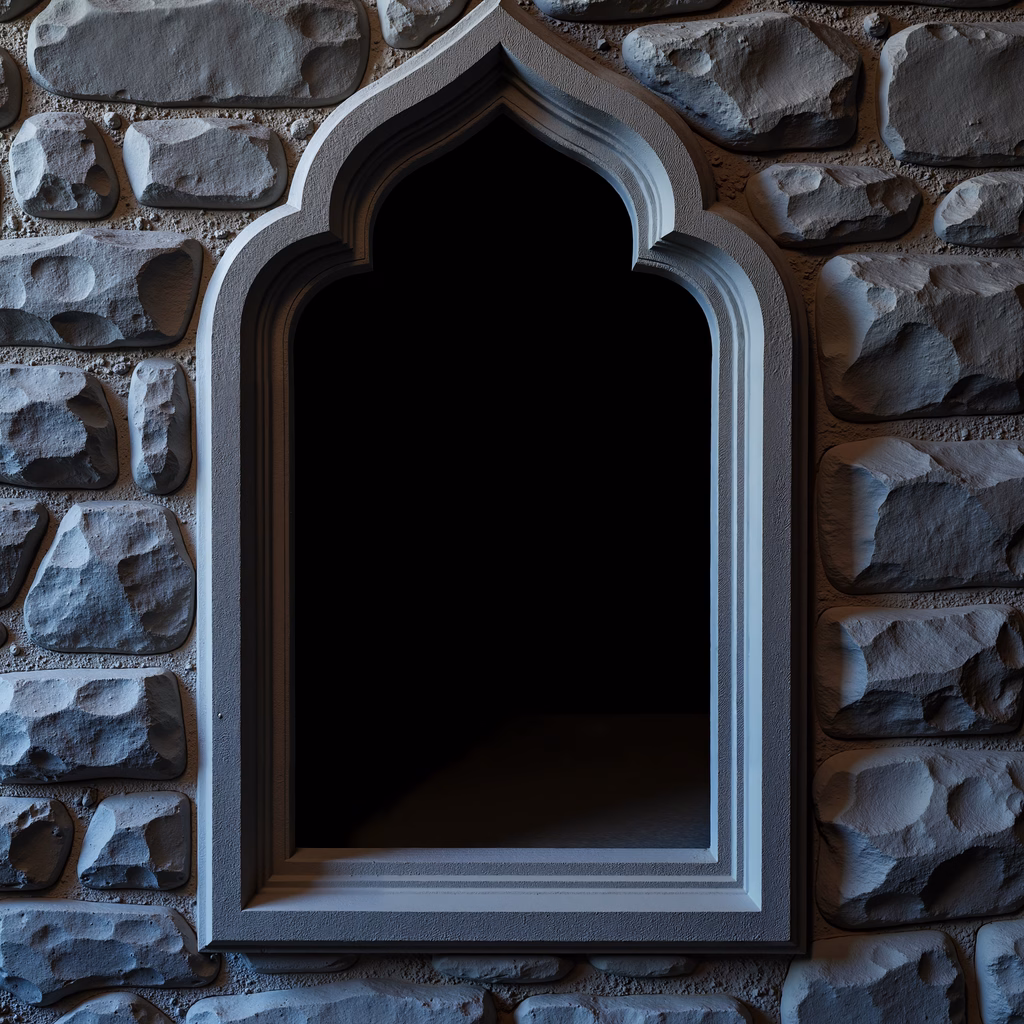 Close-up of an arched window frame in a textured stone wall, evoking Gothic architecture.