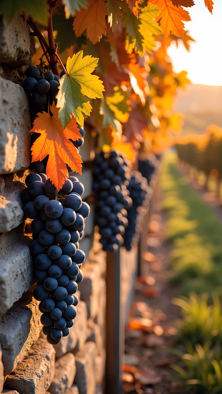 Autumnal grape clusters against rustic stone walls, bathed in golden sunlight.