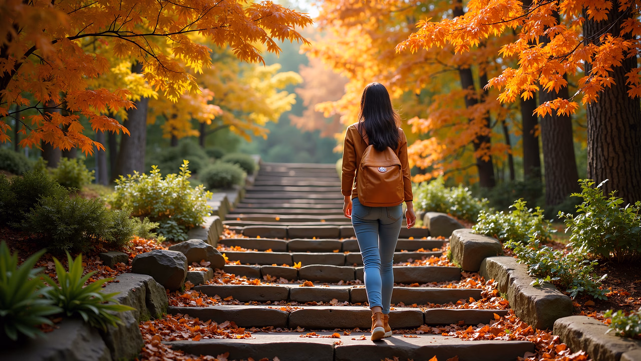 Woman walking up stone steps amidst autumn foliage under golden sunlight.
