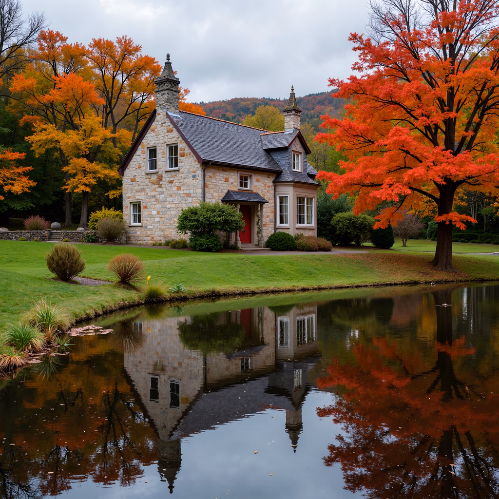 Quaint stone house reflecting in a calm pond surrounded by autumn colors.