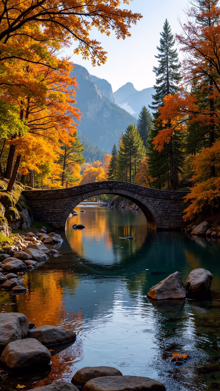 A picturesque autumn landscape with a stone bridge and vibrant foliage.