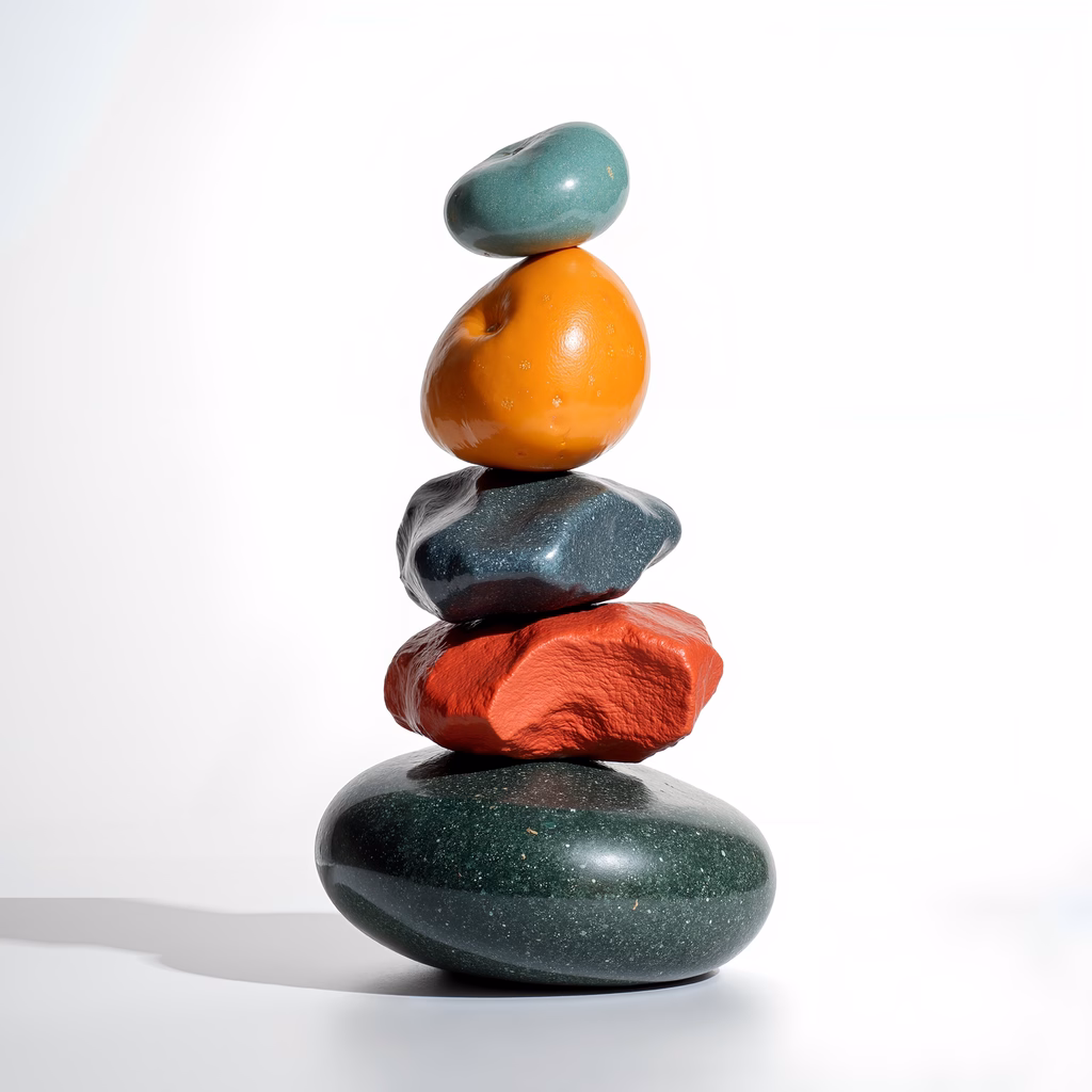 A balanced stack of colorful stones on a white background, symbolizing harmony and stability.
