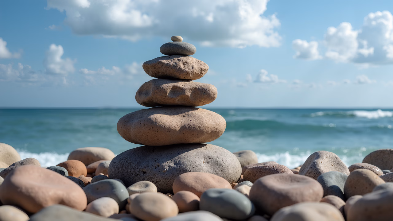 A balanced stone stack by the sea, symbolizing tranquility and harmony.
